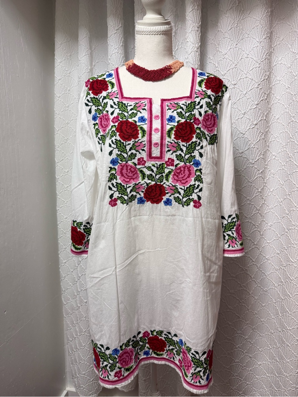 Embroidered Floral Cotton Tunic - White with Pink & Red Roses - Picture 4 of 5